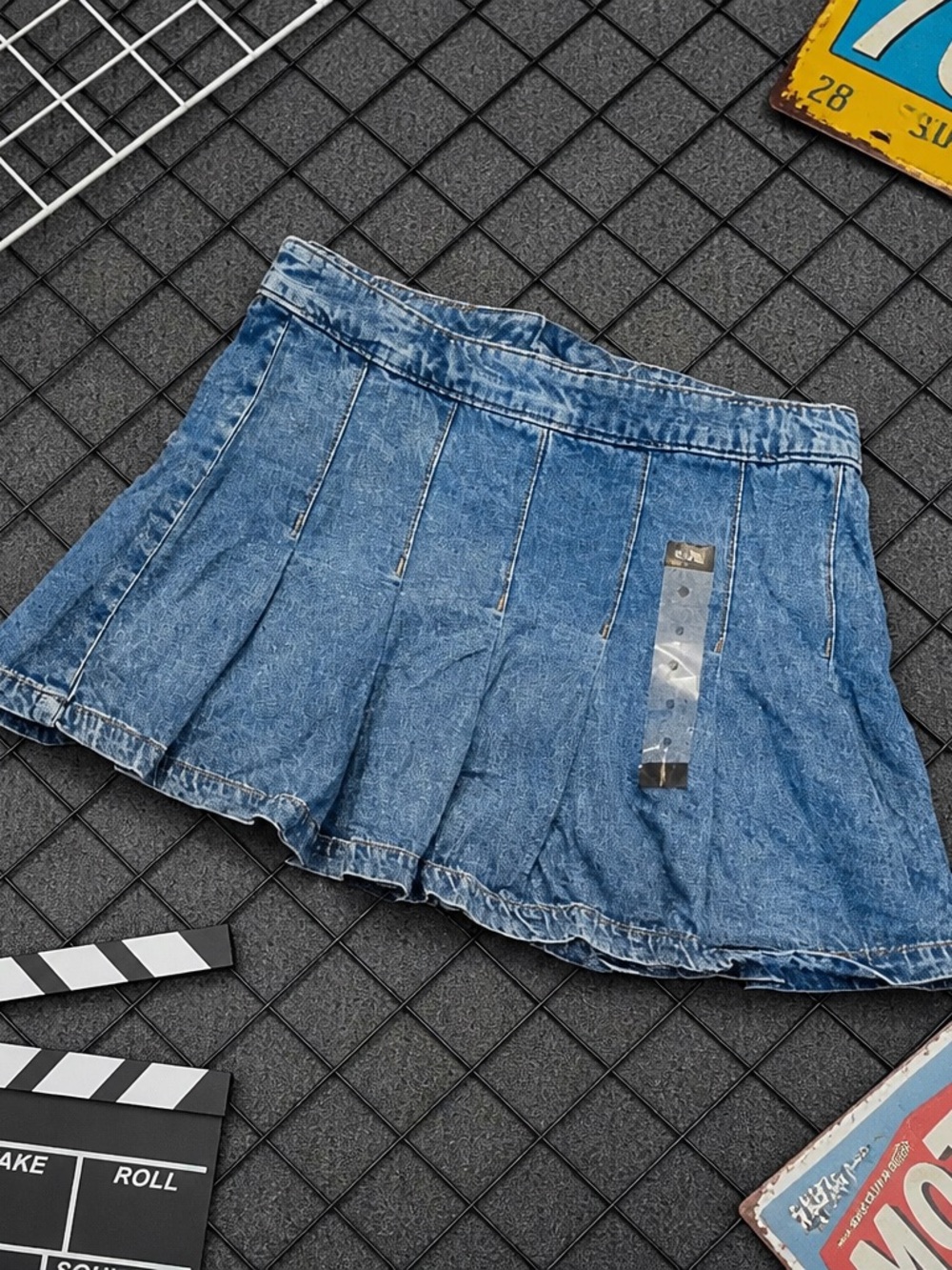 Zara Blue Denim Pleated Skirt